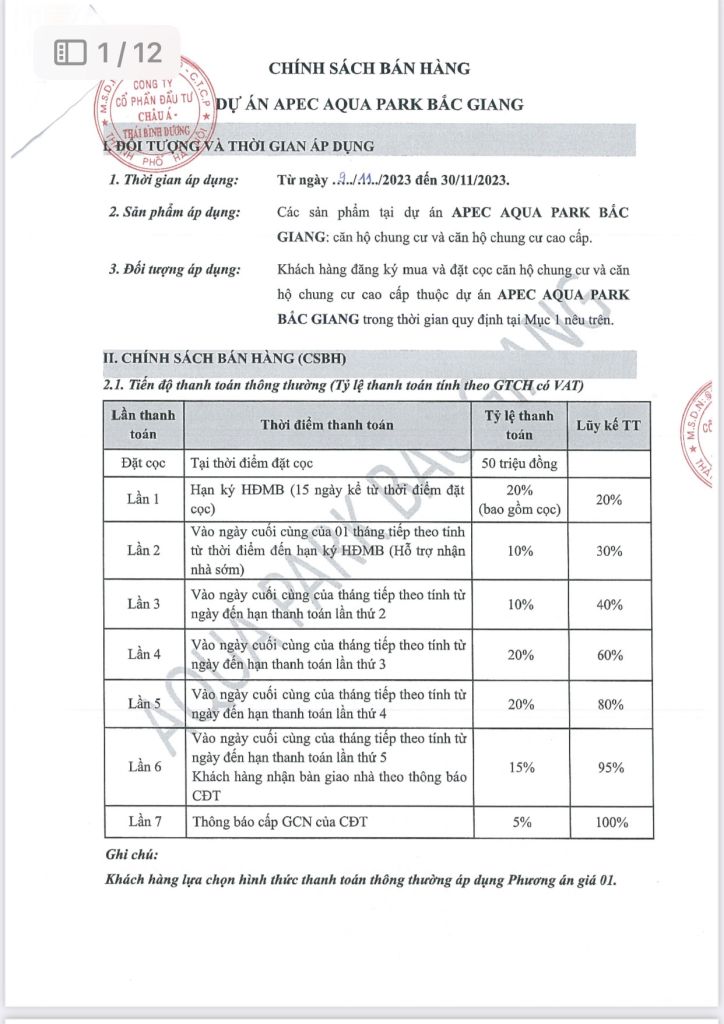chính sách bán hàng & thanh toán chung cư Aqua Park Bắc Giang